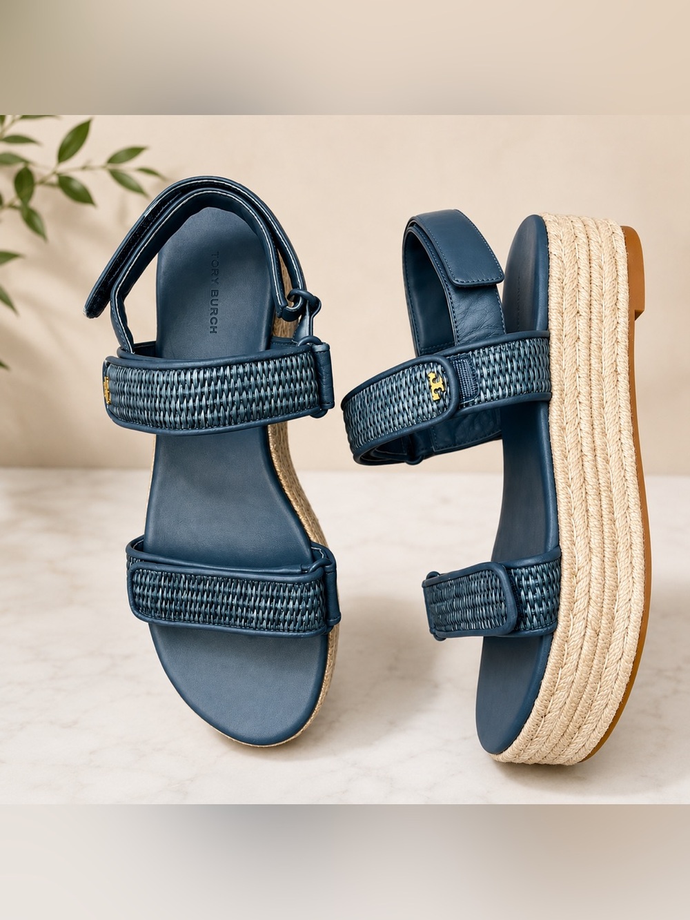 NEW Tory Burch Sport Espadrille Leather Raffia Blue Sandal  Size 9.5